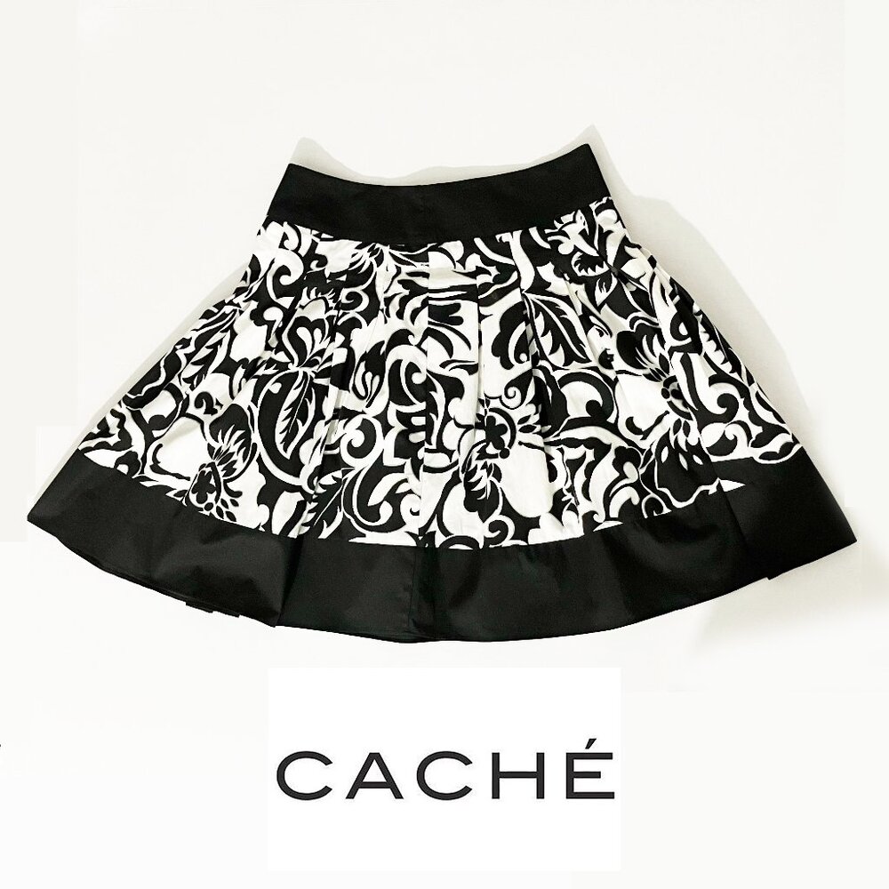 Cache Damask Black & White Floral Short Skirt w/Silver Trim & Pleats Size 0 EUC